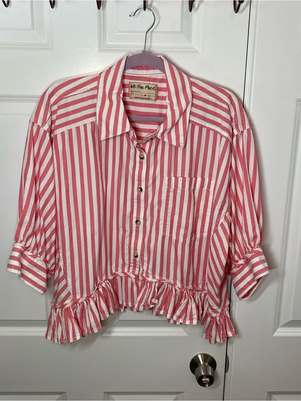 Free People Pink and White Striped Ruffle Hem Shirt Size Medium
